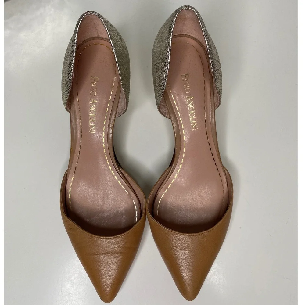 Enzo Angiolini Gabrino d'Orsay Pumps Tan Gold Leather Metallic Kitten Heel 6.5M
